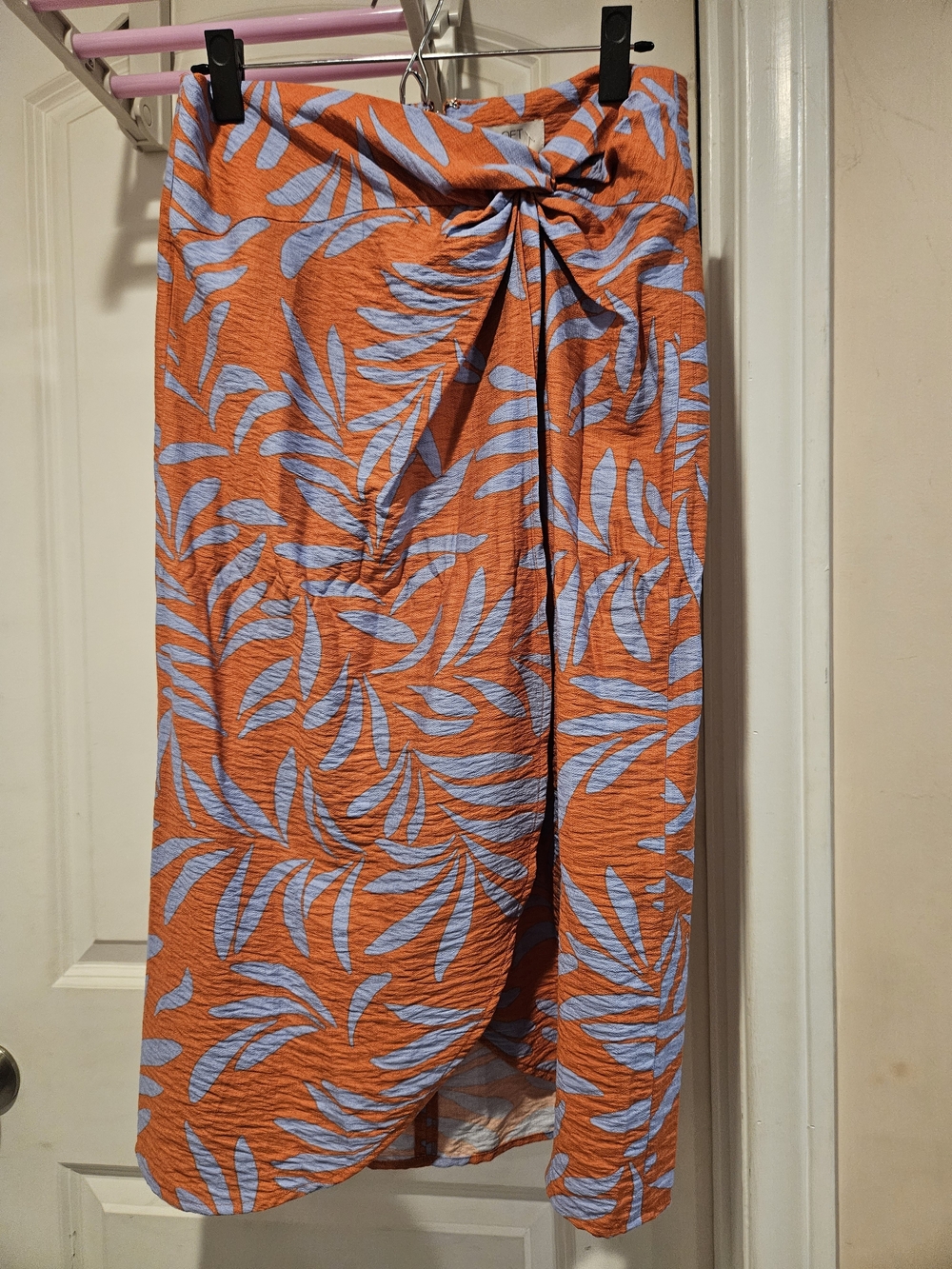 Loft- Tropical Leaf Print Faux-Wrap with Light Blue Accents